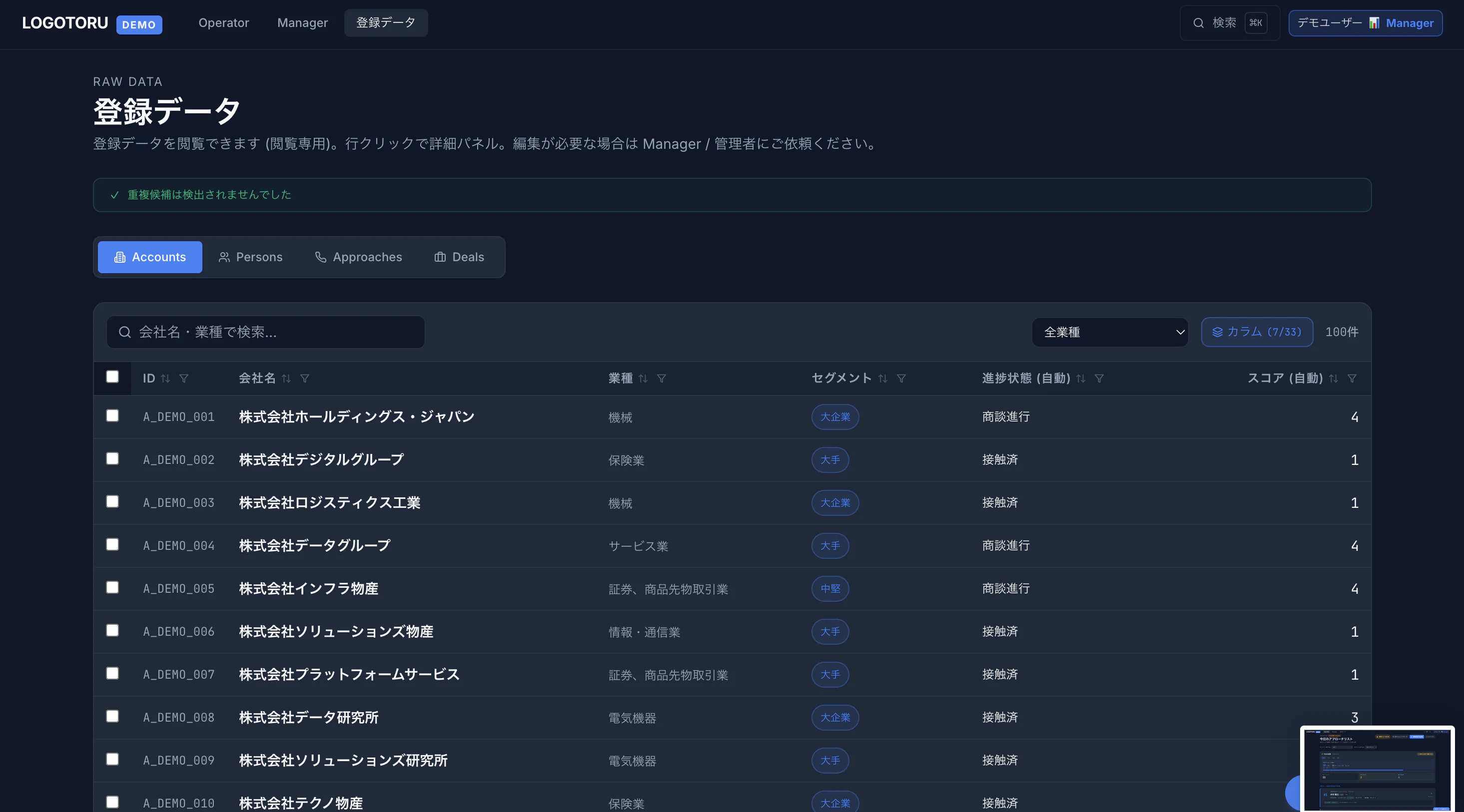 登録データ — アカウント / 人物 / アプローチ / 商談 — アカウント